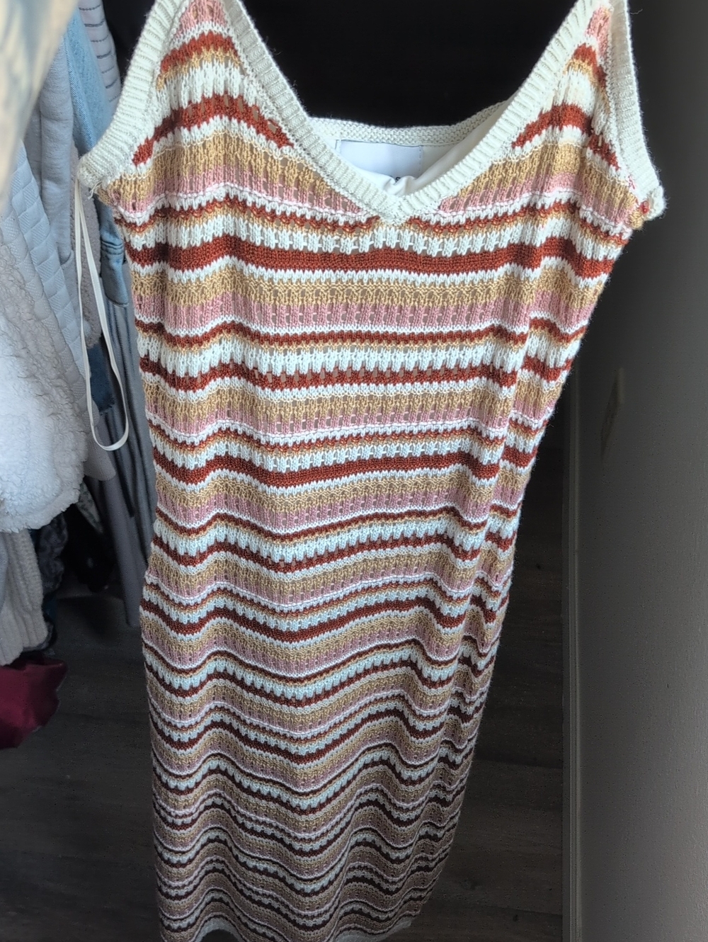 Pink Rose Striped Crochet Slip Dress in Cream, Brown & Pink